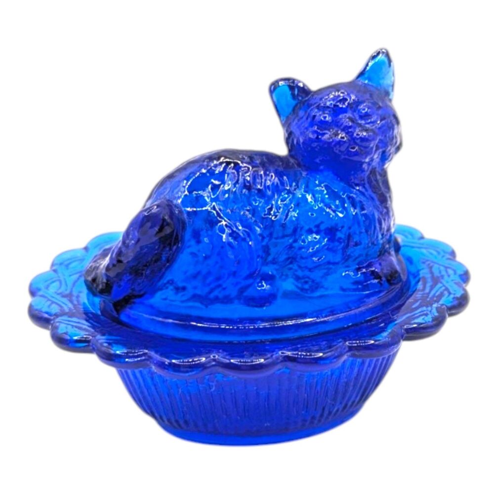Mosser Mini Cat On Nest Glass Basket Cobalt Blue Salt Cellar Trinket Dish VTG